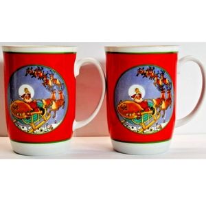 Christmas Santa Reindeer Mugs Cups set of 2 Otagiri Japan Vintage